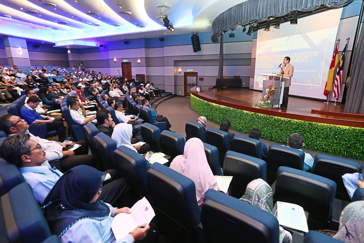 From top management: Mohd Azanuddin delivering his speech during the launching of seminar on ISO 41001:2018 Facility Management System. The certification process may be tedious, but he stressed that any vision to implement standards must come from the top management.