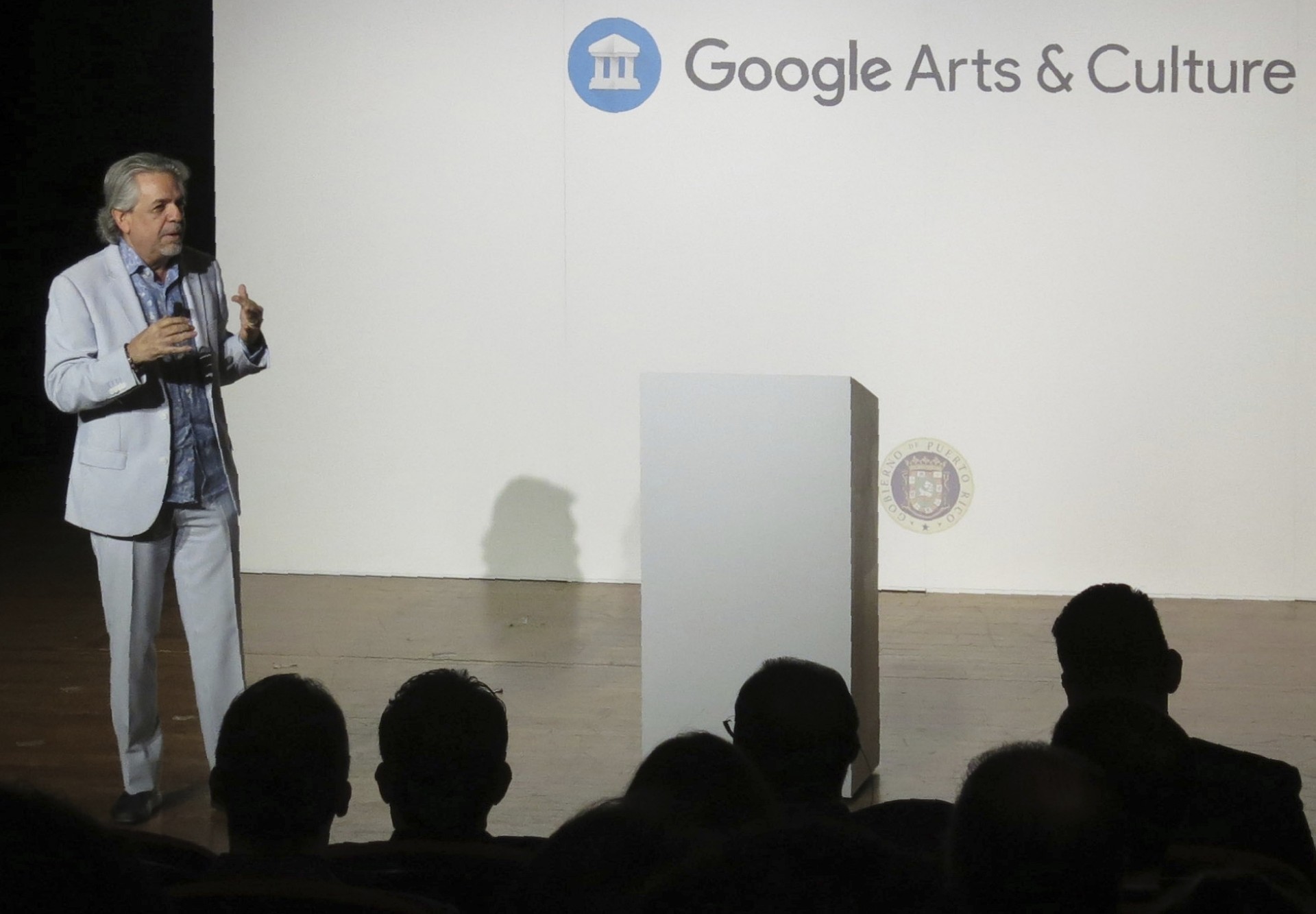 Luis Miranda, father of Lin-Manuel Miranda, announcing a partnership with Google Arts & Culture to digitise more than 350 artworks, in San Juan Puerto Rico.