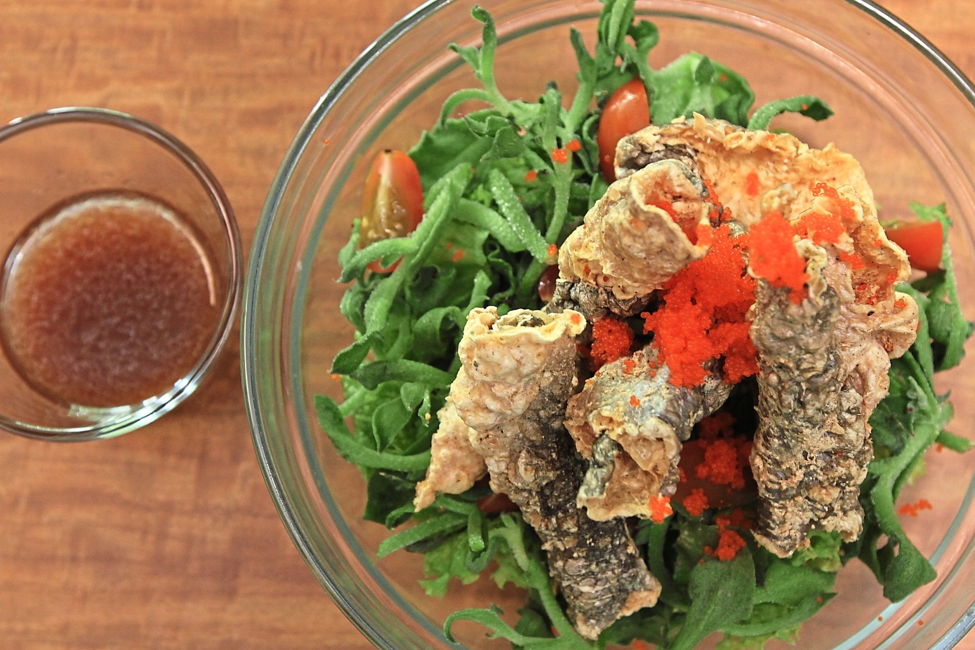 Fish Skin Ice Plant paired with wafu sauce. The ice plant is a leafy vegetable with a crunchy texture.