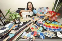 Penang retired teacher transforms used, but cleaned, face masks into aprons, bibs and flower pot covers