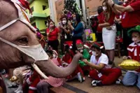 Elephant Santas pass out face masks, hand gel in Thai school tradition