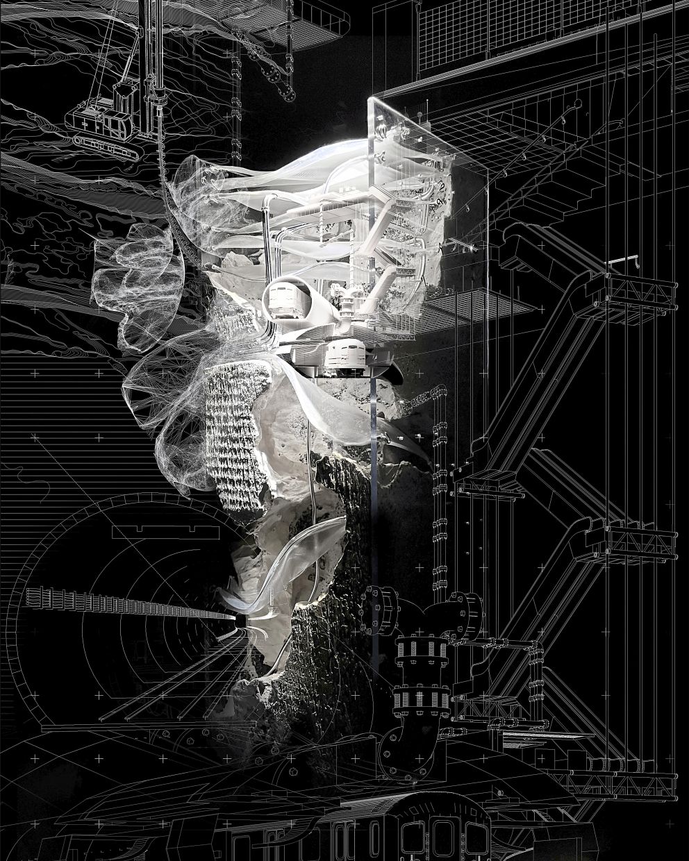 The Overall Winner of the 2021 Architecture Drawing Prize, 'Fluid Strada – Flood-responsive landscape performance, a hybrid drawing combining different rendering techniques by Dafni Filippa.