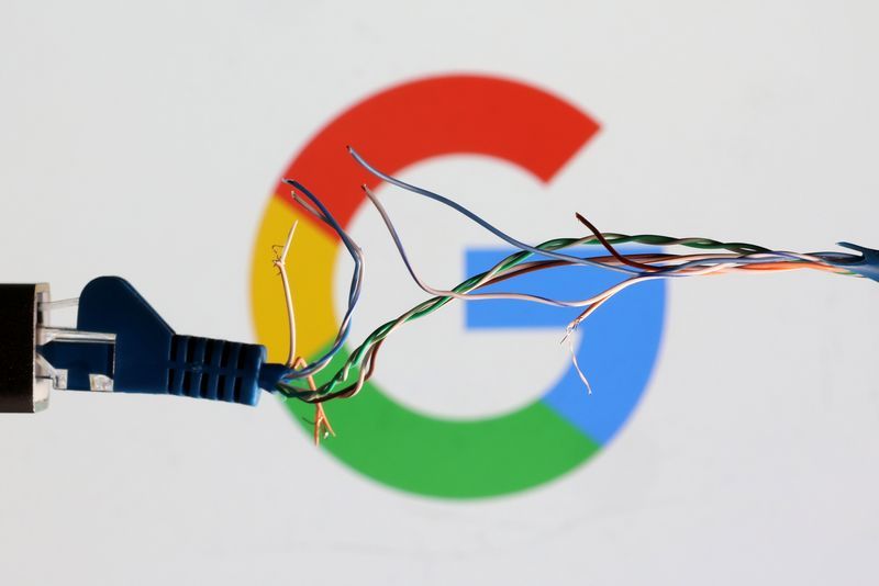 FILE PHOTO Broken Ethernet cable is seen in front of Google logo in this illustration taken March 11 2022. REUTERSDado RuvicIllustration