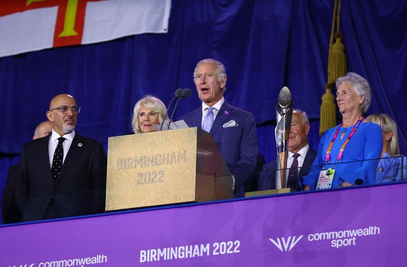 Commonwealth Games - Opening Ceremony - Alexander Stadium Birmingham Britain - July 28 2022 Chancellor of the Exchequer Nadhim Zahawi Britains Prince Charles Camilla Duchess of Cornwall and President of the Commonwealth Games Federation Louise Martin during the opening ceremony REUTERSHannah Mckay