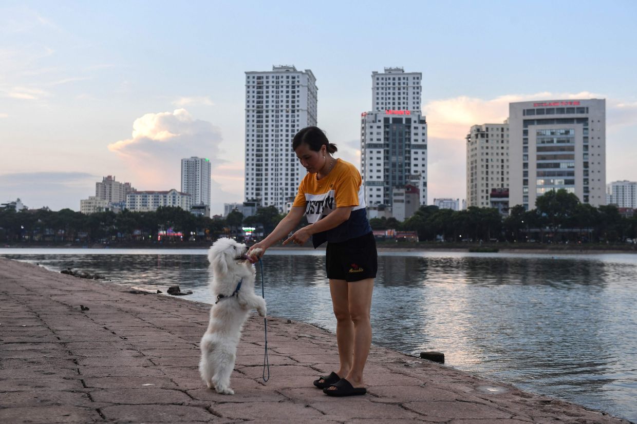 A woman plays with her pet dog by a lake in Hanoi on Monday, August 1, 2022.  - AFP