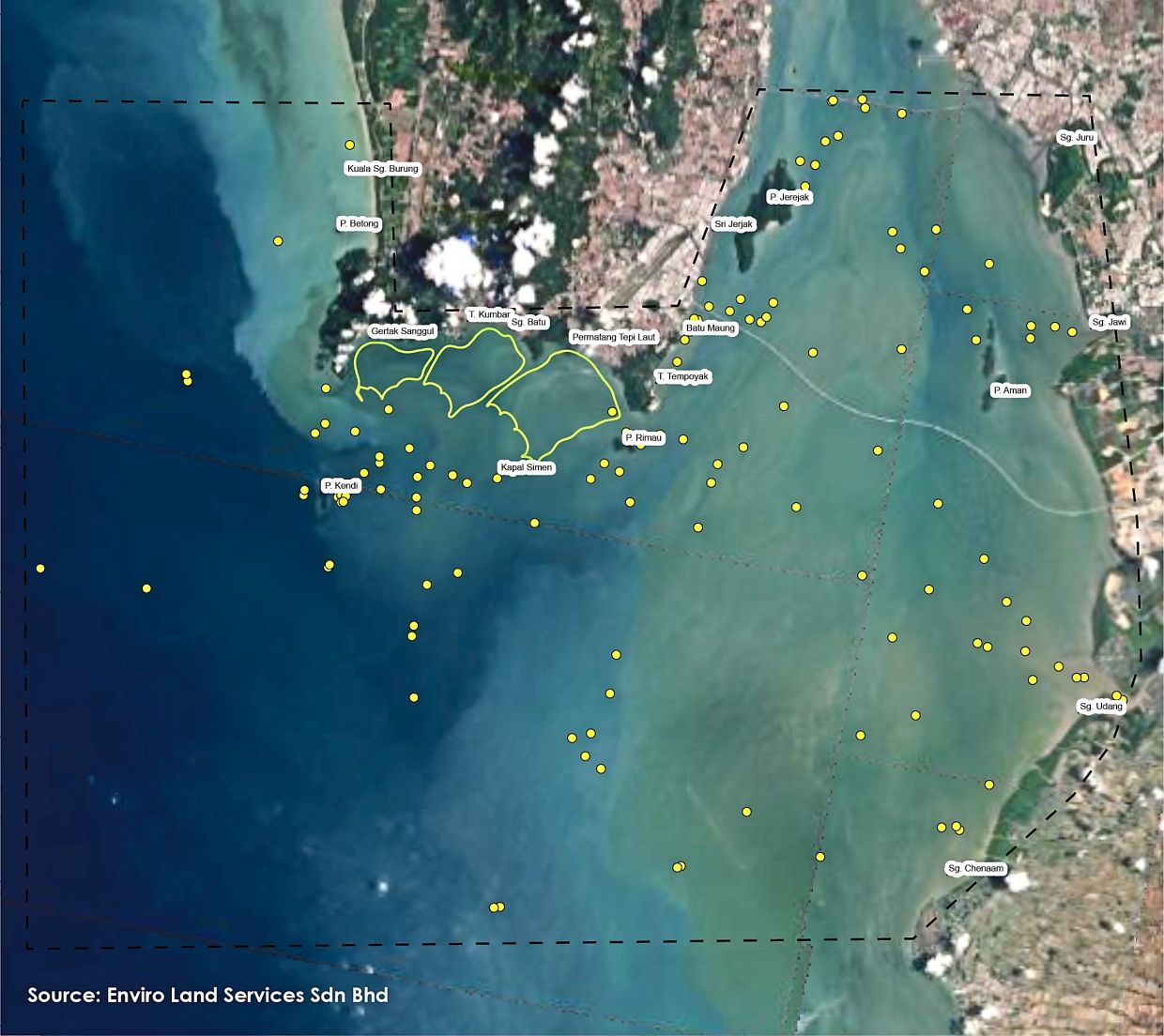A daily satellite image showing the locations of fishing boats (yellow dots) in south Penang island waters, indicating that fishing activities mostly take place beyond the PSI footprint.