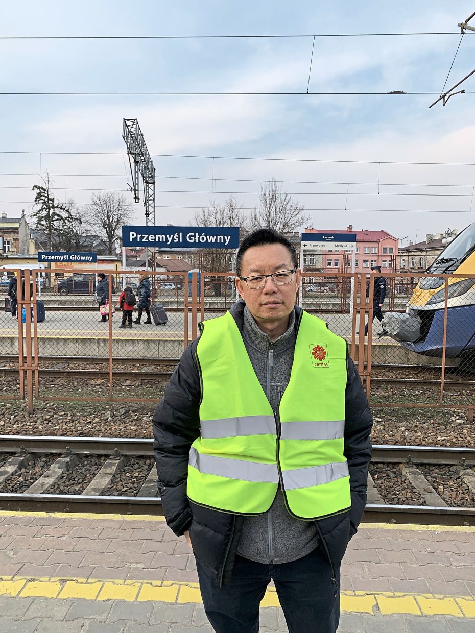 Chan at the Przemysl train station in Poland in March.