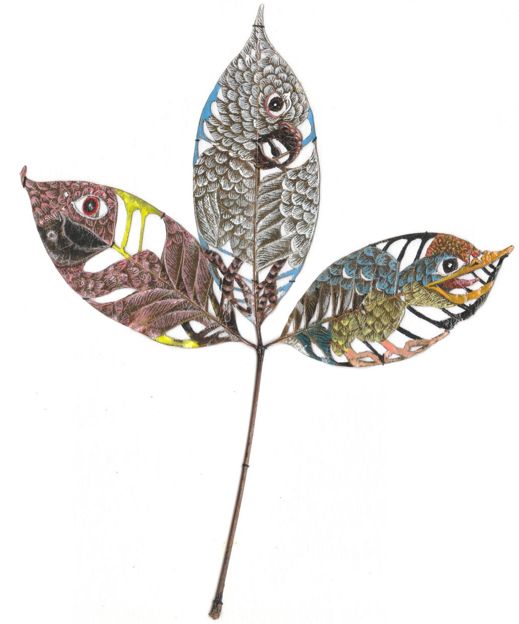 'Non-Endemic Birds' (gouache and lacquer on rubber leaf, 2022). Photo: Dinndiran