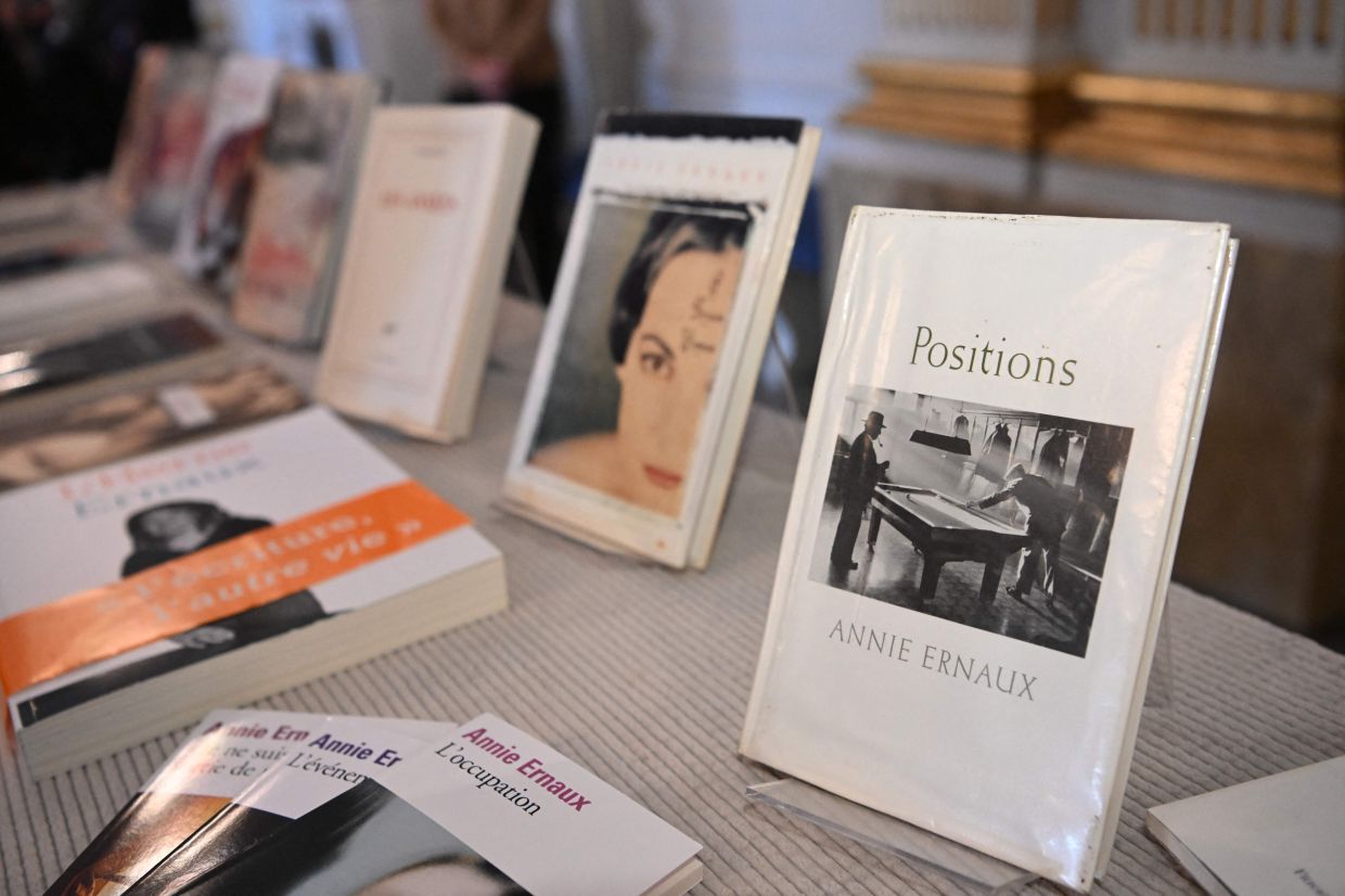 Books by French author Annie Ernaux are on display at the Swedish Academy after the announcement that Ernaux is this year's winner of the 2022 Nobel Prize in Literature at the Swedish Academy in Stockholm, on Oct 6. Photo: AFP