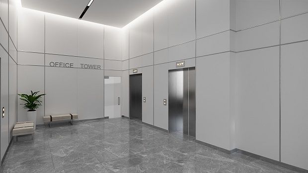 The sleek and stylish lift lobby is part of the tower's modern design.