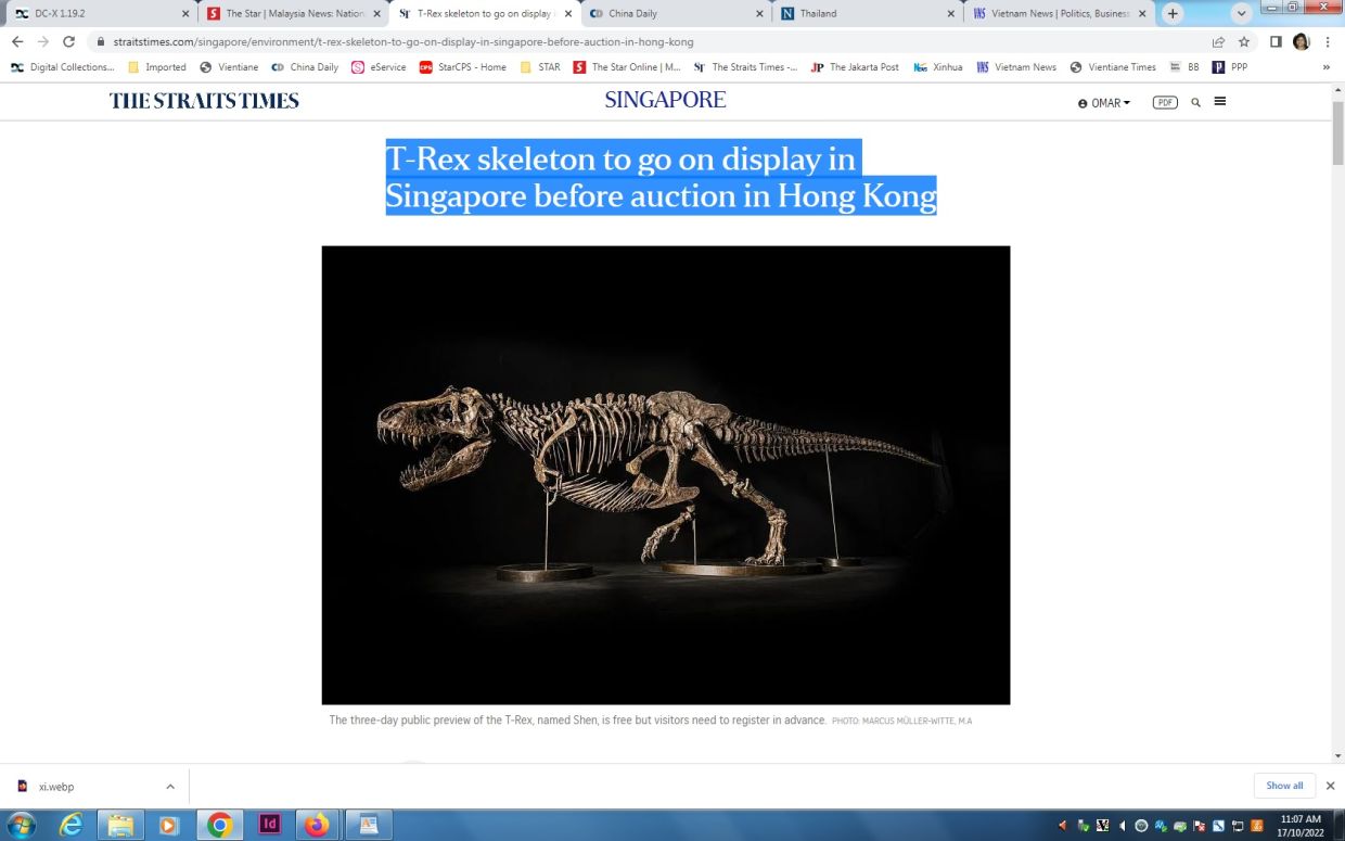 T-Rex skeleton to go on display in Singapore before auction in HK - Vimarsana News