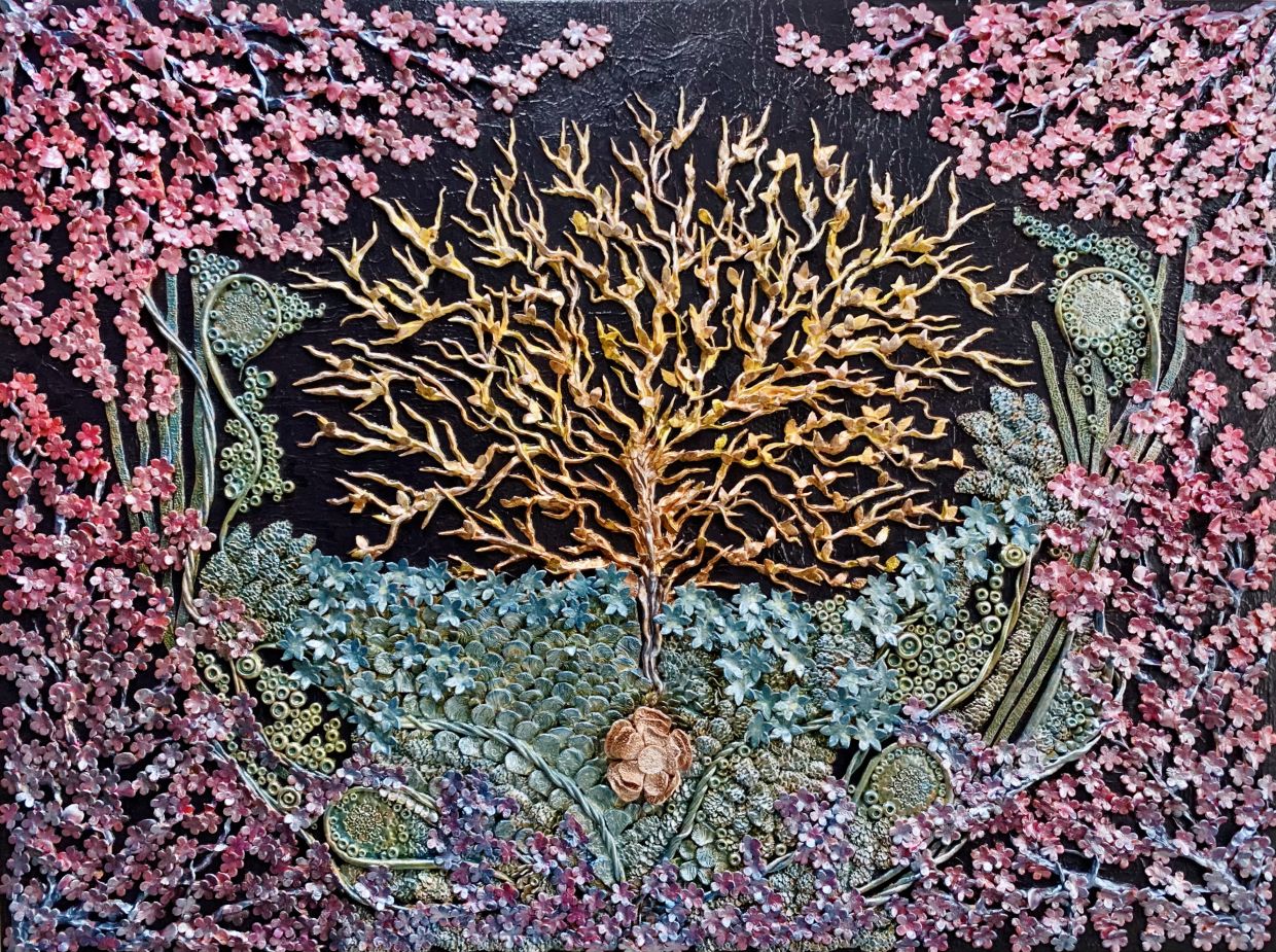 Syed Zamzur Akasah's 'Sayat-Sayat' (polymer, paper clay and ccrylic on canvas, 2022). Photo: Syed Zamzur Akasah