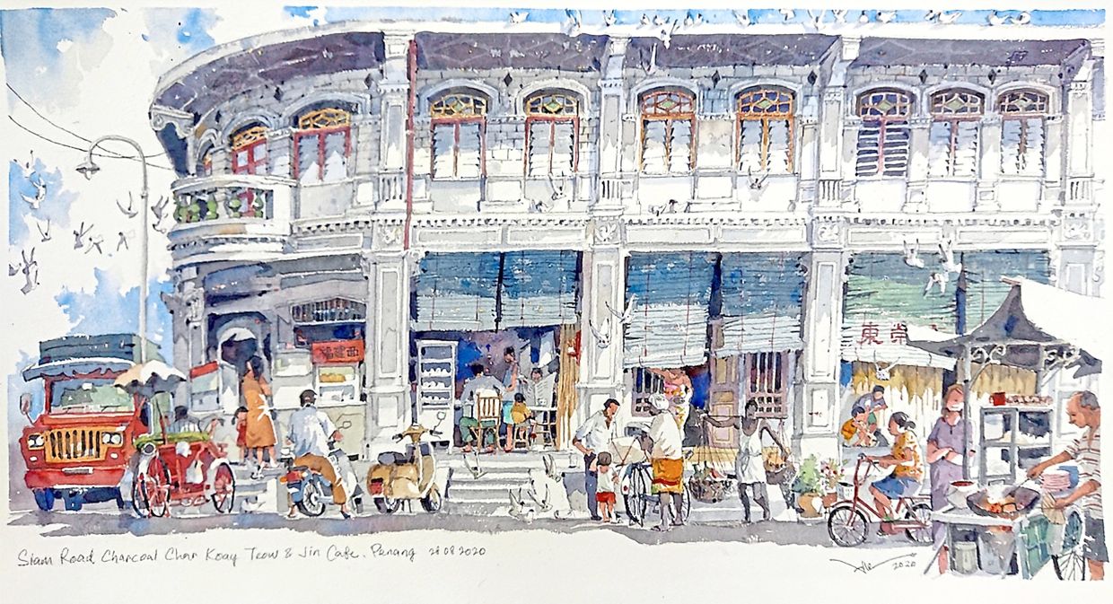 Leong’s 'Siam Road, Charcoal Char Koay Teow And Jin Cafe, Penang' (watercolour on paper, 2022), which captures George Town as an old world food destination. Photo: The Art Gallery