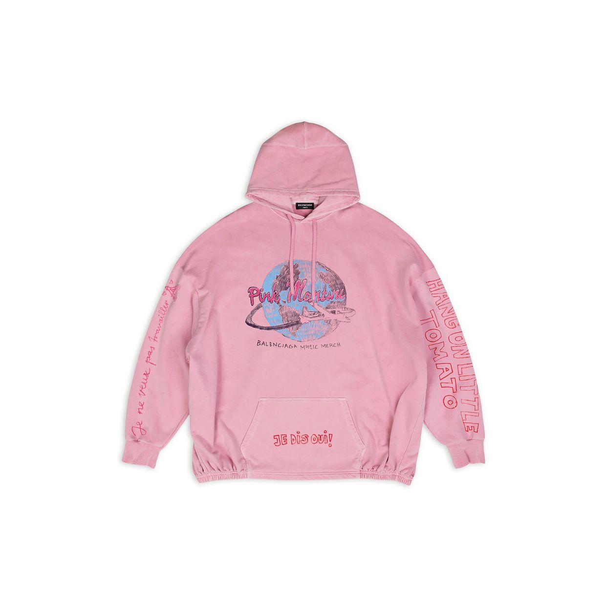 The hoodie created in collaboration with Pink Martini features the band’s logo, depicting an airplane circling the world. — Balenciaga