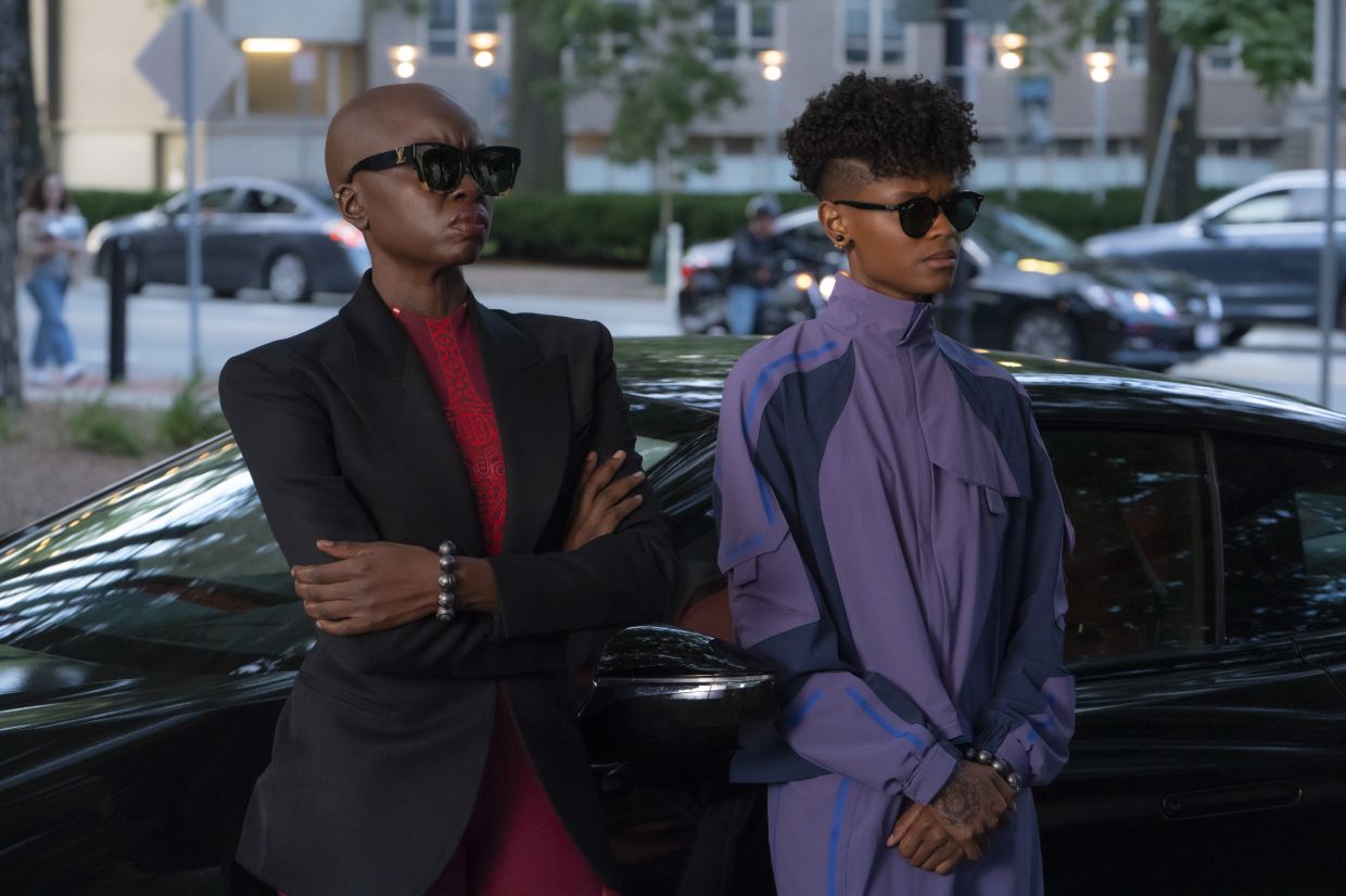 Danai Gurira (left) as Okoye and Letitia Wright as Shuri.