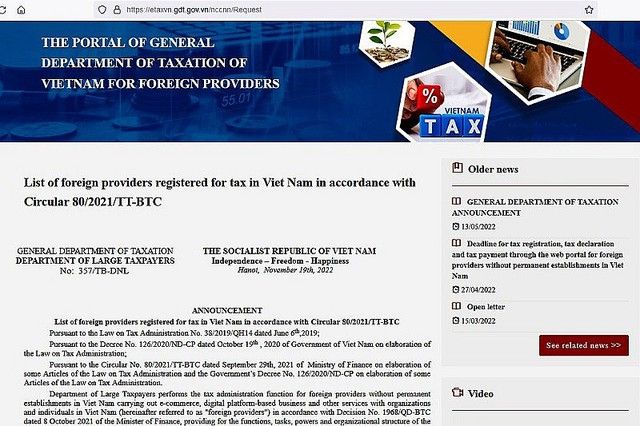 Total of 39 foreign providers register for tax in Vietnam - Vimarsana News