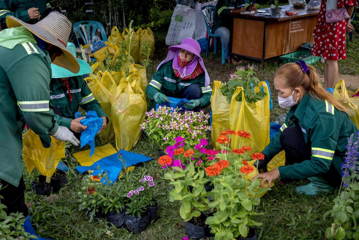 Workers bag-up flowers for customers during the Suan Luang Rama IX flower show in Bangkok on Friday, December 2, 2022. - AFP