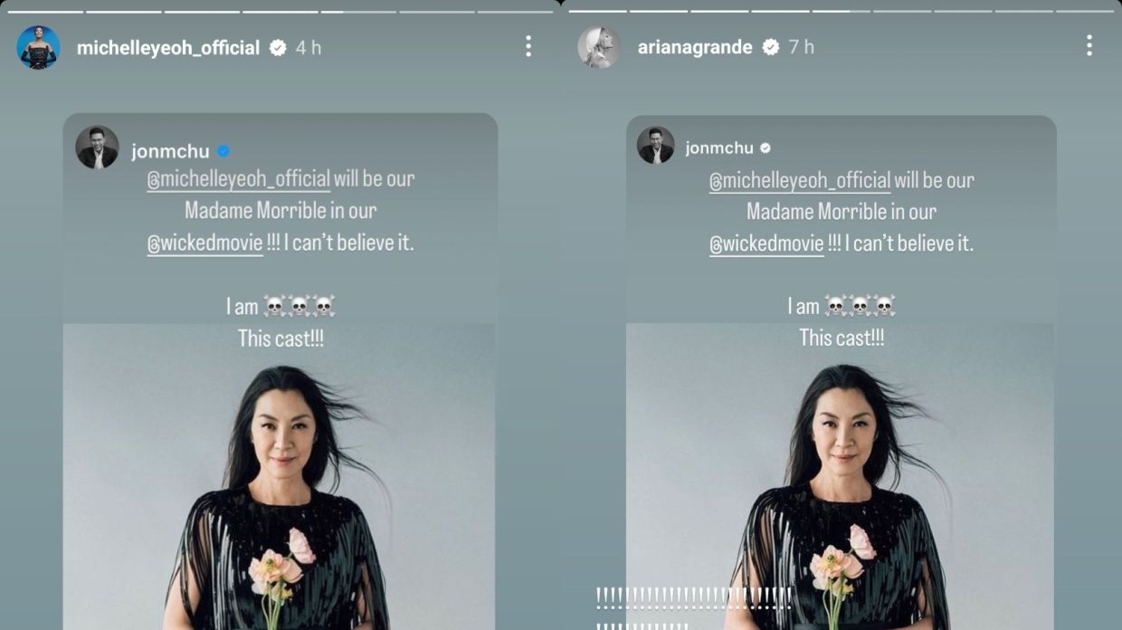 Michelle Yeoh and Ariana Grande reposted the Instagram Story of director Jon M. Chu gushing over Yeoh's addition to the cast. Photos: Michelle Yeoh/Instagram and Ariana Grande/Instagram