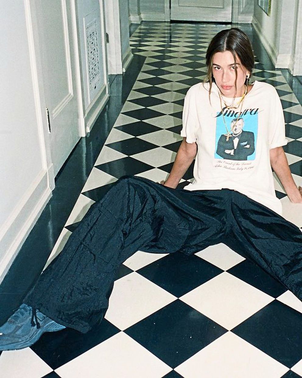 Y2K fashion with Hailey Bieber wearing the parachute pant style. Photo: Instagram/Hailey Bieber