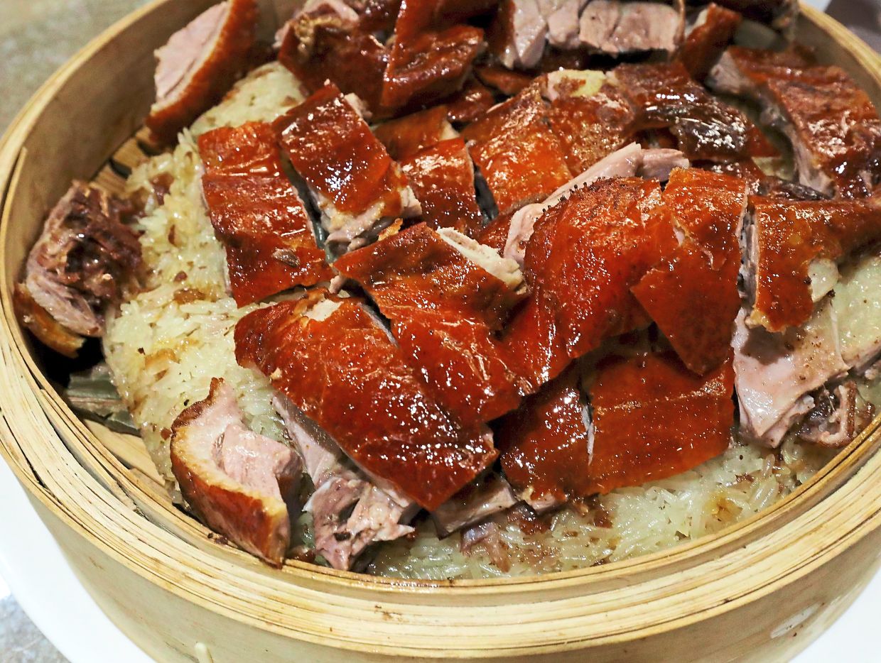 Pipa-Style London Roast Duck and duck bak kwa with White Jade Corn.