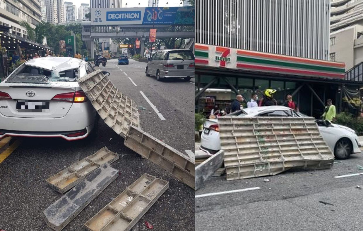 Car on Jalan Ampang damaged by falling construction material - Vimarsana News