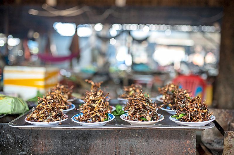 Plates of crispy fried frog legs are sold at the Oudongk market. 