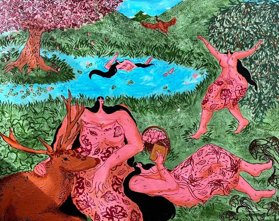 Ika Sharom's 'Taman Syurga' (acrylic and Lino ink on canvas, 2023). Photo: Galeri Puteh 