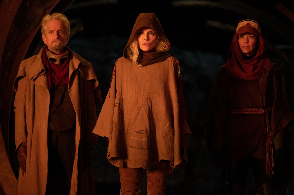 (From left) Michael Douglas as Hank Pym, Michelle Pfeiffer as Janet Van Dyne, and Evangeline Lilly as Hope Van Dyne/Wasp.