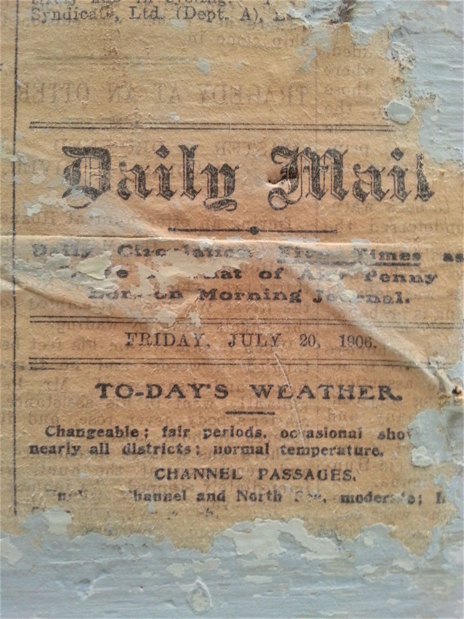 The 'Daily Mail' newsprint from Manchester (Britain) dated July 20, 1906, was found affixed under the plastered walls before restoration work began.