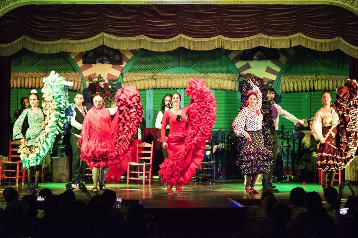 Dancers in Seville performing the flamenco, a dance artform of southern Spain. 