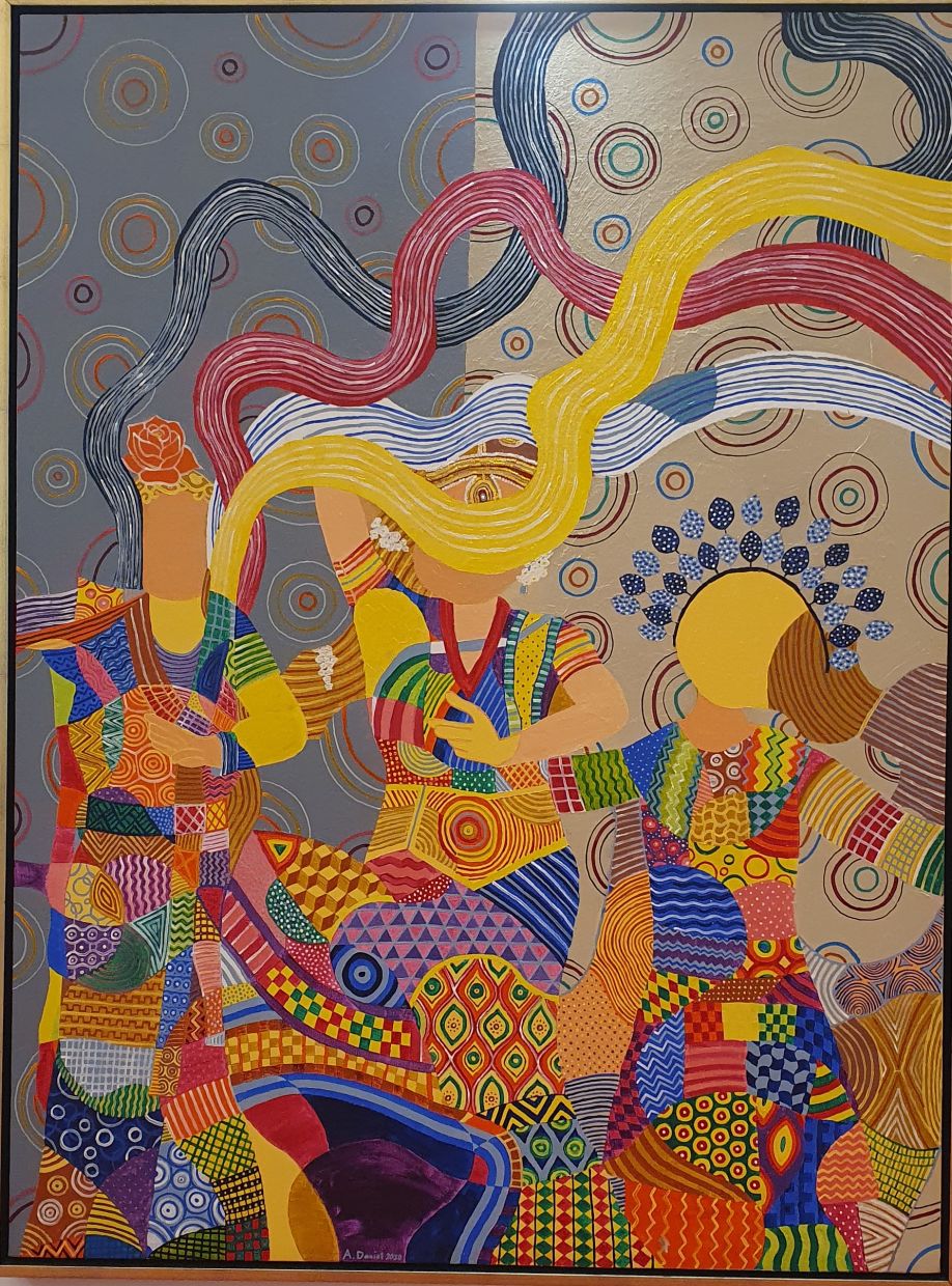 An artwork by Danial Kushairi titled 'Three Women Dancing' (acrylic on canvas).  Photo: Ann Marie Chandy