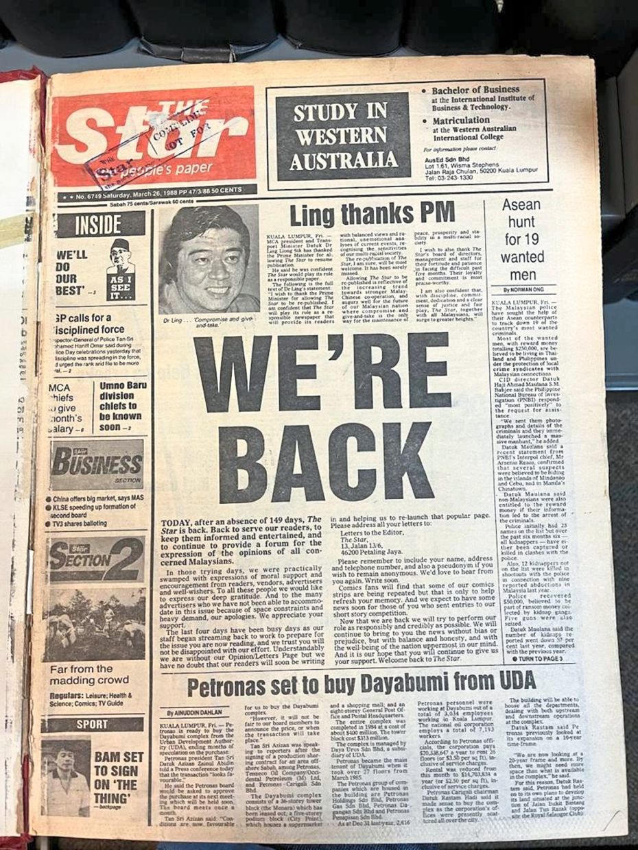 Blast from the past: Page 1 of The Star after restarting publication in the wake of Ops Lalang.