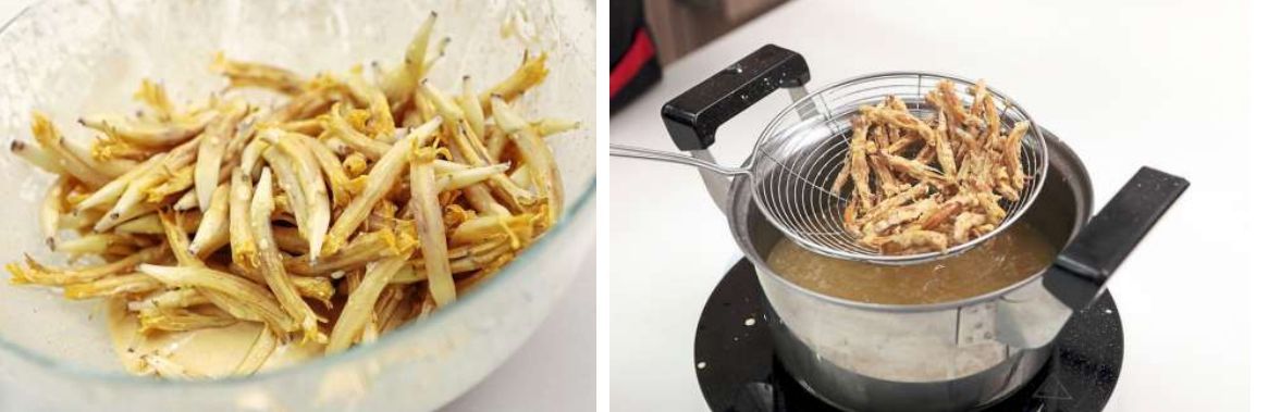 From left: Coat the banana blossoms in the batter and set aside for about 30 minutes before dredging them in rice flour and frying. In small batches, fry the battered banana blossoms for about 5 minutes until light golden and crispy, then blot excess oil.