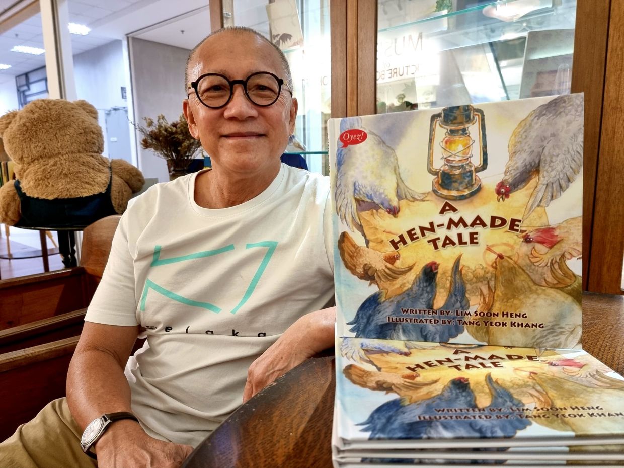 Lim Soon Heng's 'A Hen-Made Tale' illustrated book for children, tells a comedic tale about a group of hens who want a day off. Photo: Lim Soon Heng