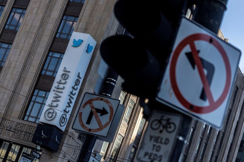 FILE PHOTO A view of the Twitter logo at its corporate headquarters in San Francisco California U.S. November 18 2022. REUTERSCarlos BarriaFile Photo