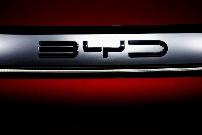 FILE PHOTO The logo of BYD is pictured at the 2022 Paris Auto Show in Paris France October 17 2022. REUTERSStephane Mahe