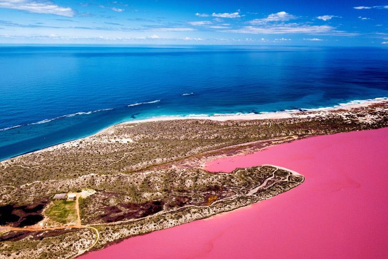 Pink Lake’s eye-catching pink colouration is a sight to behold. 