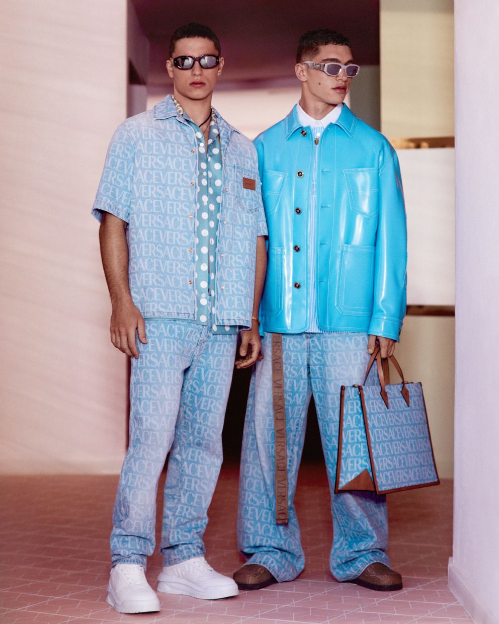 Laser-print denim and matching tote bag. Photo: Versace