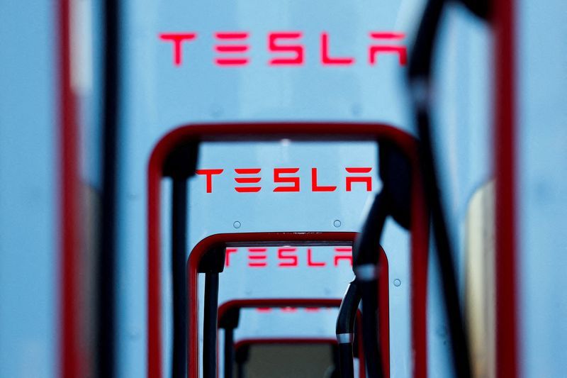 FILE PHOTO Tesla super chargers are shown in Mojave California U.S. July 10 2019. REUTERSMike BlakeFile Photo
