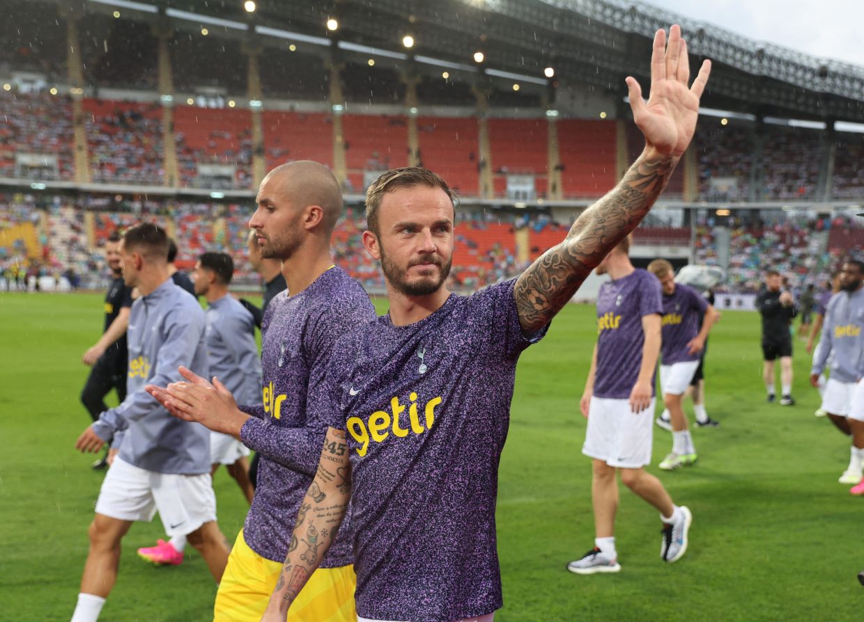 Tottenham Hotspur's James Maddison on the pitch as the match is cancelled due to bad weather in a pre-season friendly between Leicester City and Tottenham Hotspur at the Rajamangala National Stadium, Bangkok, Thailand on Sunday, July 23, 2023. - Reuters