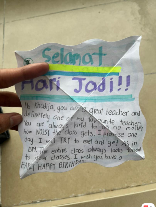 Innocent words: A heartfelt letter from a non-Malay child to a well-loved Malay teacher. — Image provided