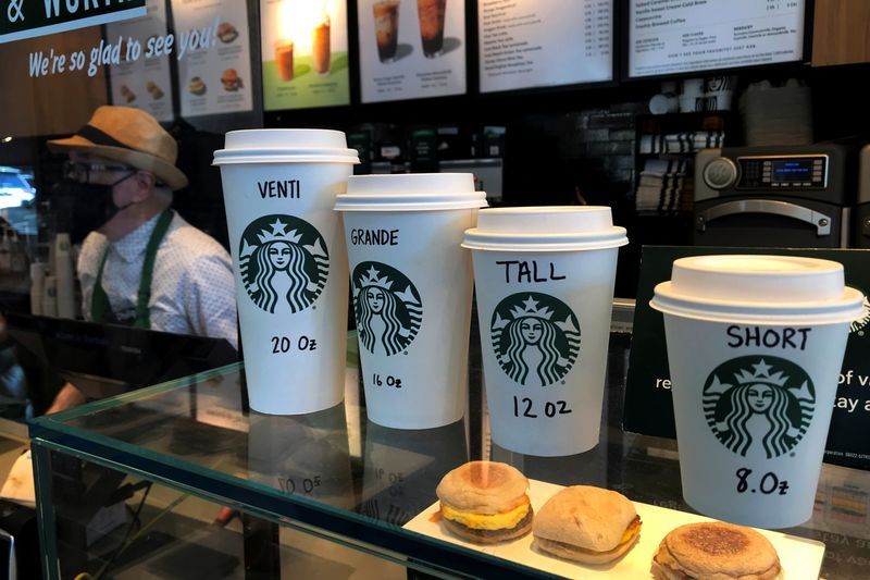 FILE PHOTO Starbucks cups are pictured on a counter in the Manhattan borough of New York City New York U.S. February 16 2022. REUTERSCarlo AllegriFile Photo