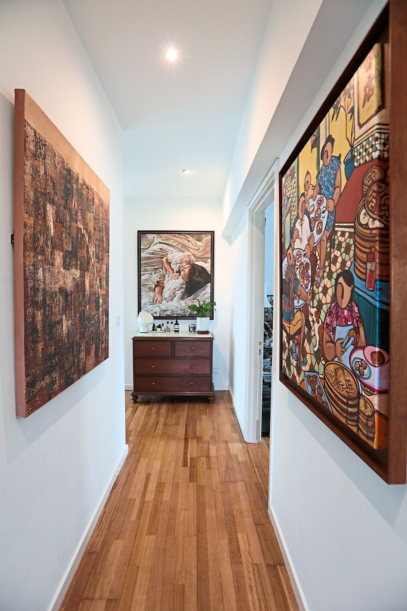 Eye-catching art pieces line the hallway.
