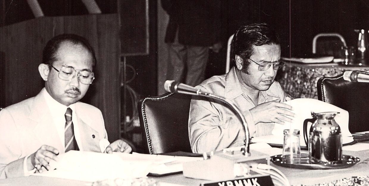 Then Finance minister Tengku Razaleigh (left) with then deputy prime minister and Trade and Industry minister Dr Mahathir Mohamad at a National Finance Council meeting in February 1980. Tengku Razaleigh is the country's longest serving MP, having been in Parliament for 48 years.