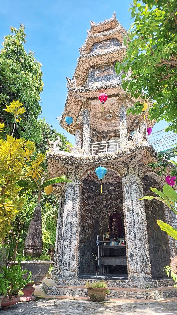 The Quan Am cobblestone pagoda is covered entirely in either pebbles, stones or seashells.