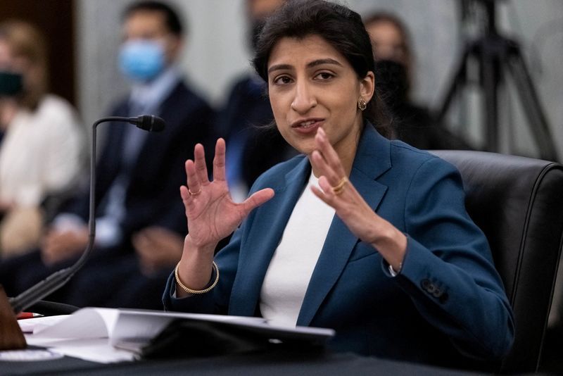 FILE PHOTO FTC Commissioner nominee Lina M. Khan testifies during a Senate Commerce Science and Transportation Committee hearing on the nomination of Former Senator Bill Nelson to be NASA administrator on Capitol Hill in Washington U.S. April 21 2021. Graeme JenningsPool via REUTERSFile Photo