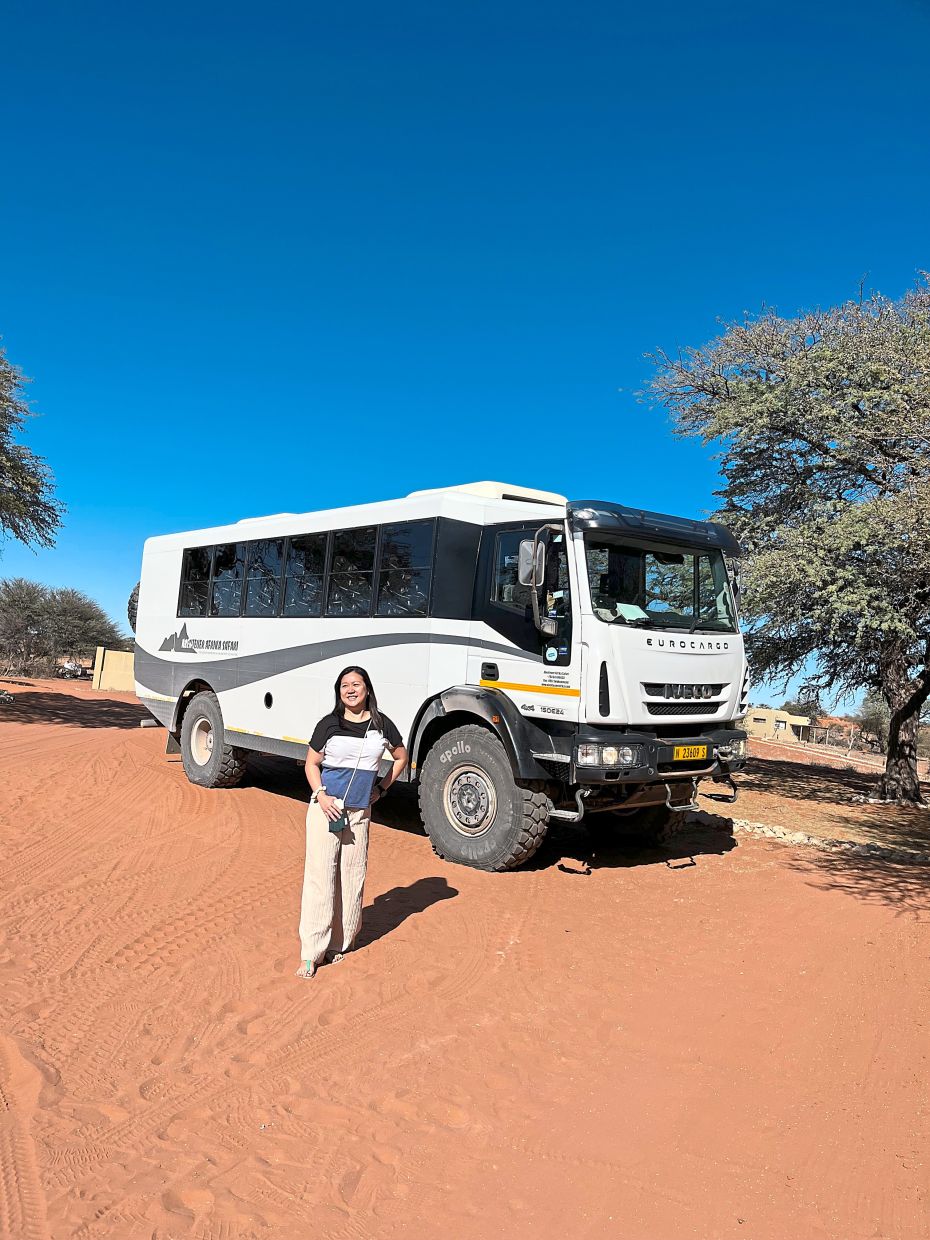 The writer’s daughter with the Beast, the specially-designed tour vehicle.