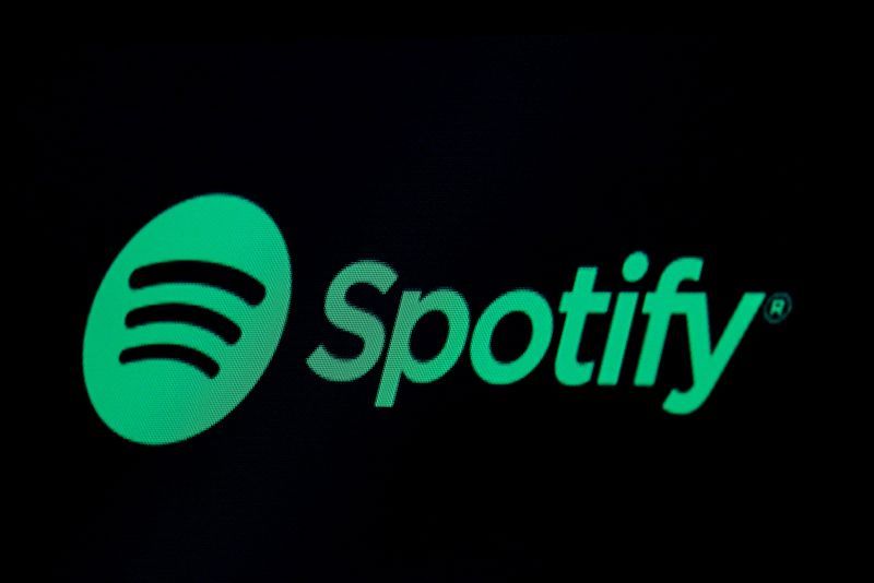FILE PHOTO The Spotify logo is displayed on a screen on the floor of the New York Stock Exchange NYSE in New York U.S. May 3 2018. REUTERSBrendan McDermidFile Photo