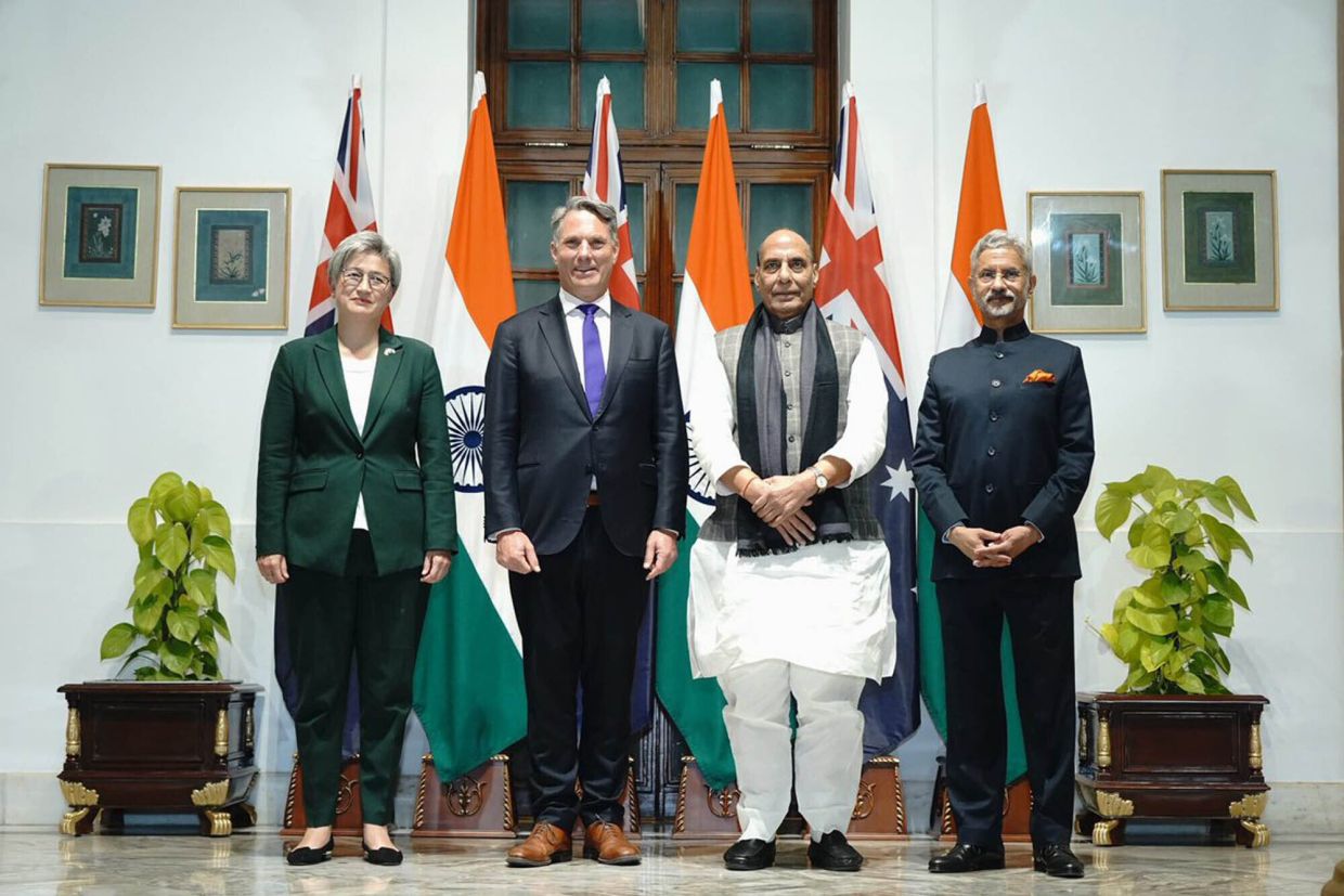 In this photo shared by Indian External Affairs Ministry spokesperson Arindam Bagchi on the X-platform formerly known as Twitter (from left) Australian Foreign Minister Penny Wong, Australian Defence Minister Richard Marles, Indian Defense Minister Rajnath Singh and India's Minister of External Affairs Subramanyam Jaishankar pose for photographs during the second India-Australia 2+2 Dialogue in New Delhi, India, Monday, Nov.20, 2023. - (Indian External Affairs Ministry spokesperson's X handle via AP)