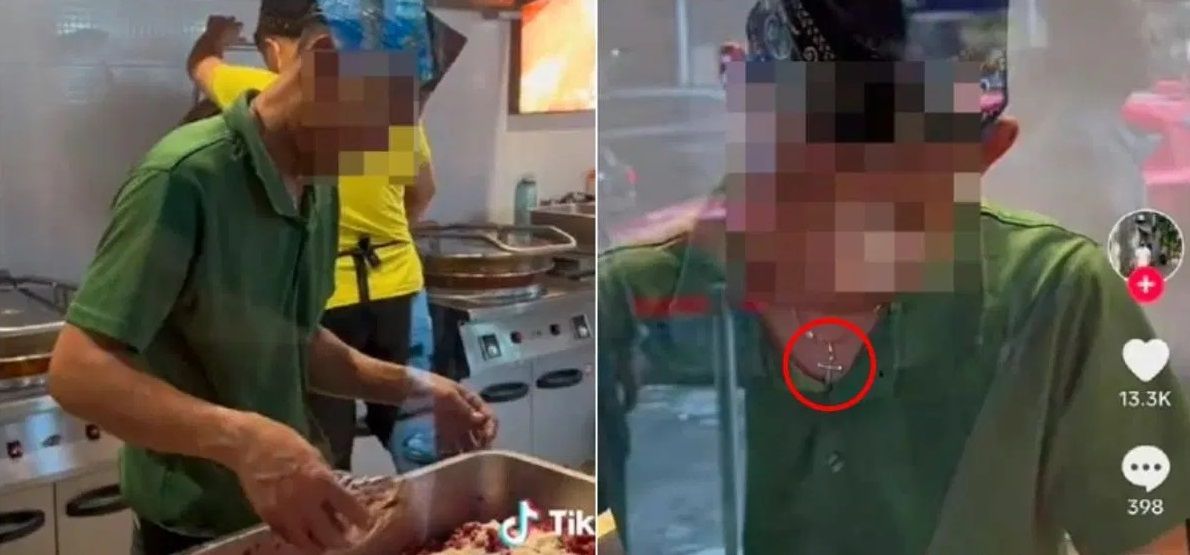 The controversy began when a video, showing a worker at a Chinese Muslim restaurant in Bukit Bintang wearing a necklace with a crucifix while preparing food, went viral. — TikTok